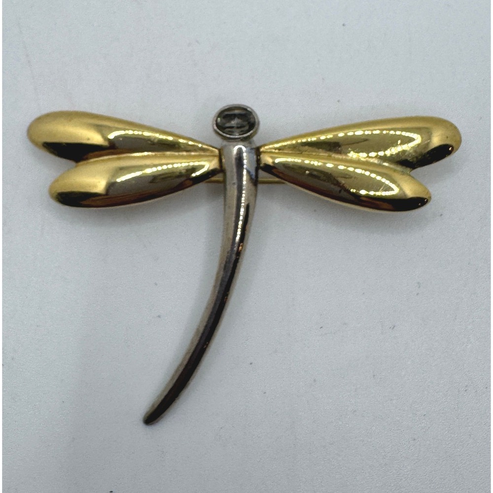 Liz Claiborne Dragonfly Brooch Two Tone Mixed Metal Grey Crystal Pin LC Logo